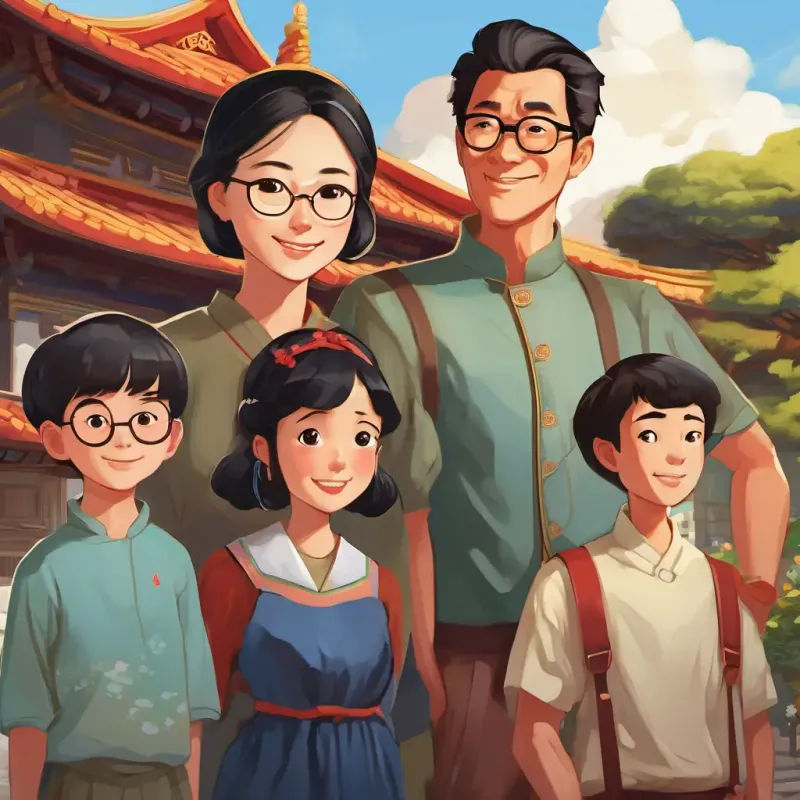 Feng-Li: A young Chinese girl with black hair and bright eyes, her Feng-Li's Older Siblings: Two older brothers with brown hair and glasses, Aunt Mei: A kind Chinese woman with short curly hair, and Uncle Lee: A friendly Chinese man with a big smile having a serious discussion