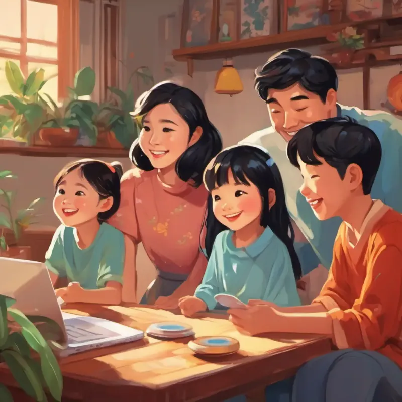 Feng-Li: A young Chinese girl with black hair and bright eyes and her siblings happily chatting with their parents on a video call
