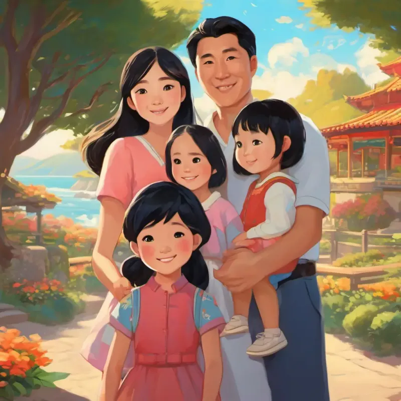 Feng-Li: A young Chinese girl with black hair and bright eyes, her parents, and siblings happily embracing each other in California