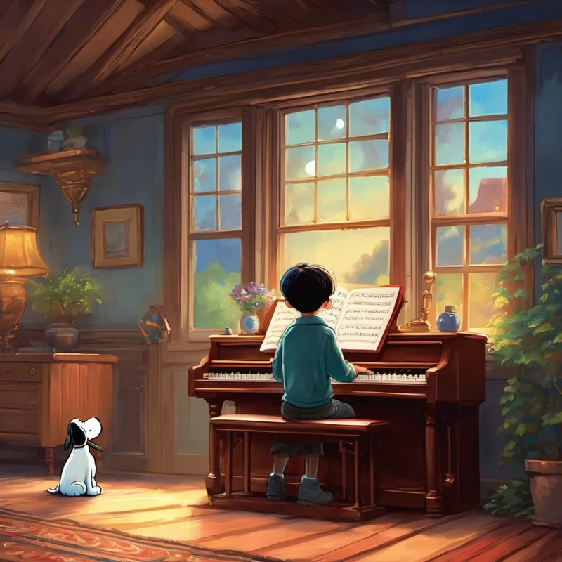 But as the days went by, Charlie started to feel a little sad. He felt like he wasn't as talented as his friends at playing the piano or drawing beautiful pictures. He believed that he was never as lucky or successful as the other kids in their school, and that made him doubt his abilities. One evening, when Charlie was lying in his bed, feeling a bit down, he heard a soft knock on the window. To his surprise, it was Snoopy, wearing a little cape and holding a magic wand. Snoopy beckoned Charlie to open the window.