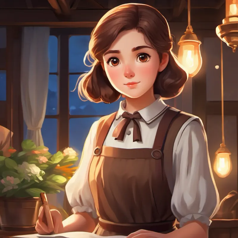 Young maid with kind eyes and brown hair, filled with bravery's special mission is revealed, creating a sense of suspense and adventure, 22 words