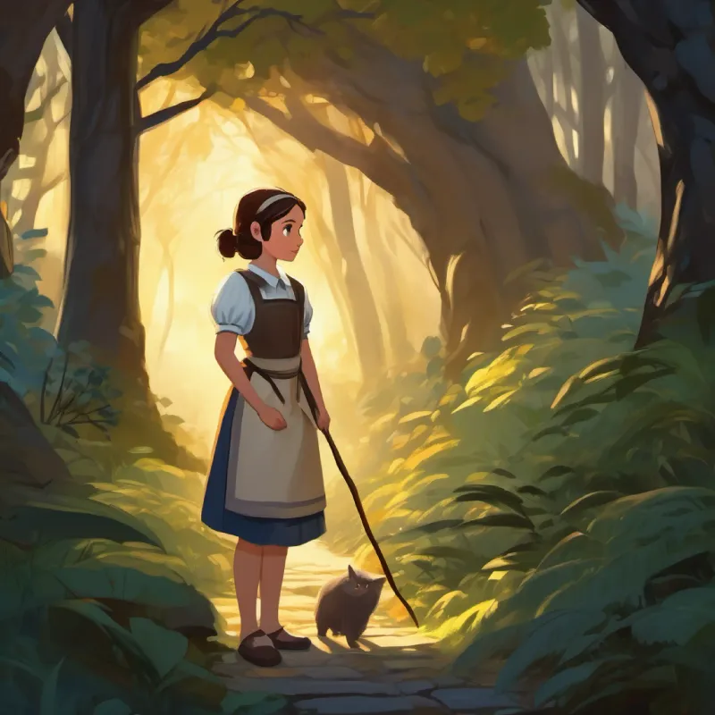 Young maid with kind eyes and brown hair, filled with bravery prepares for her journey into the dark forest, building excitement and anticipation for the adventure, 28 words