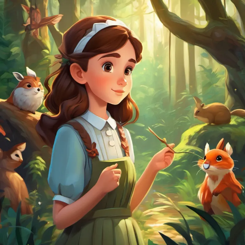 Young maid with kind eyes and brown hair, filled with bravery meets various enchanting forest creatures, creating a sense of wonder and imagination, 20 words