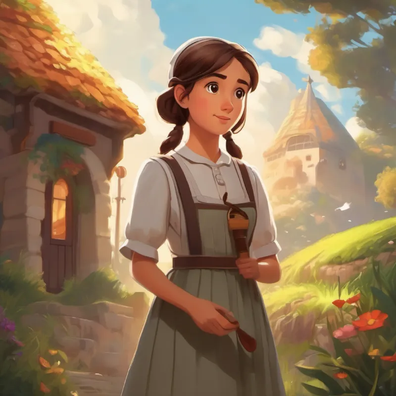 Young maid with kind eyes and brown hair, filled with bravery reaches her destination and finds the mysterious item, adding anticipation and fulfillment to the story, 27 words