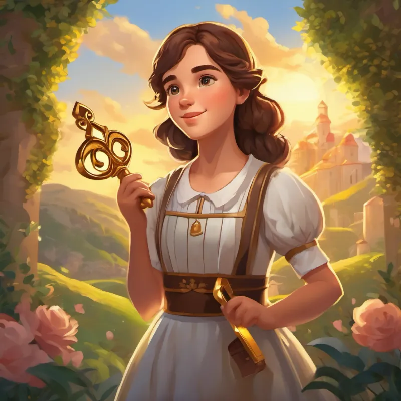 Young maid with kind eyes and brown hair, filled with bravery returns to the kingdom and presents the golden key, bringing the story to a heartwarming and triumphant conclusion, 30 words