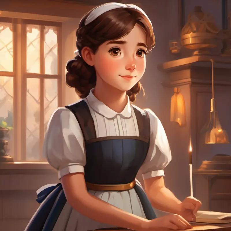 Young maid with kind eyes and brown hair, filled with bravery's heroic deeds are celebrated, ending the story with a sense of fulfillment and empowerment, 21 words