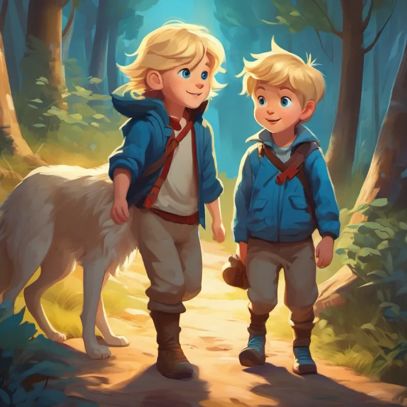 A little blonde boy with blue eyes, loves adventures having fun and encountering a wolf