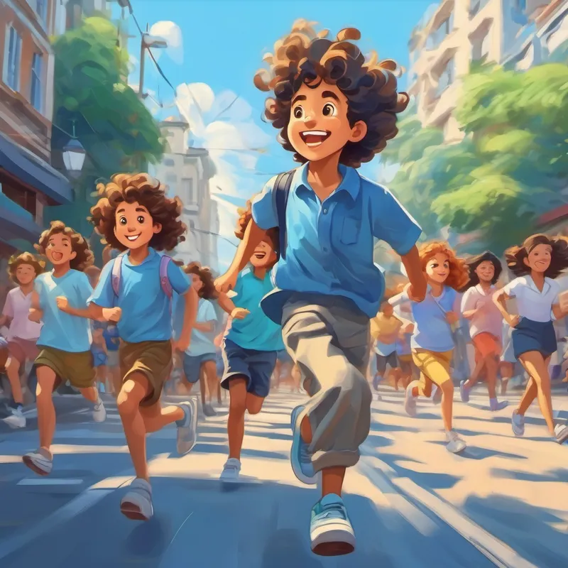 Busy street with people hurrying past Curly hair, blue shirt, energetic smile, always wearing sneakers in different directions