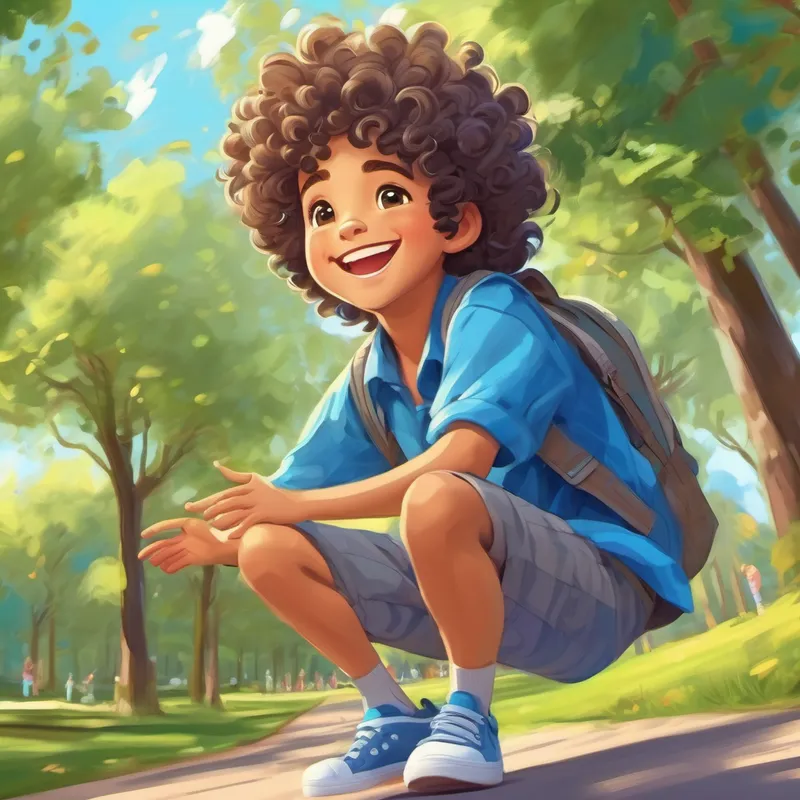 Curly hair, blue shirt, energetic smile, always wearing sneakers smiling and waving to new friends in a park