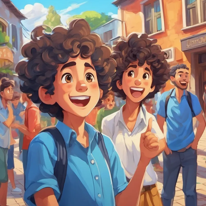 People in the town pointing at Curly hair, blue shirt, energetic smile, always wearing sneakers and looking confused