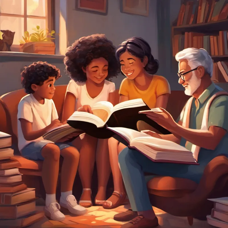 Warm, loving family, diverse in race and age sitting together, explaining ADHD with open books