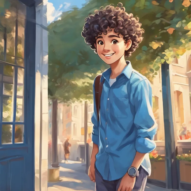 Curly hair, blue shirt, energetic smile, always wearing sneakers standing tall with a confident smile