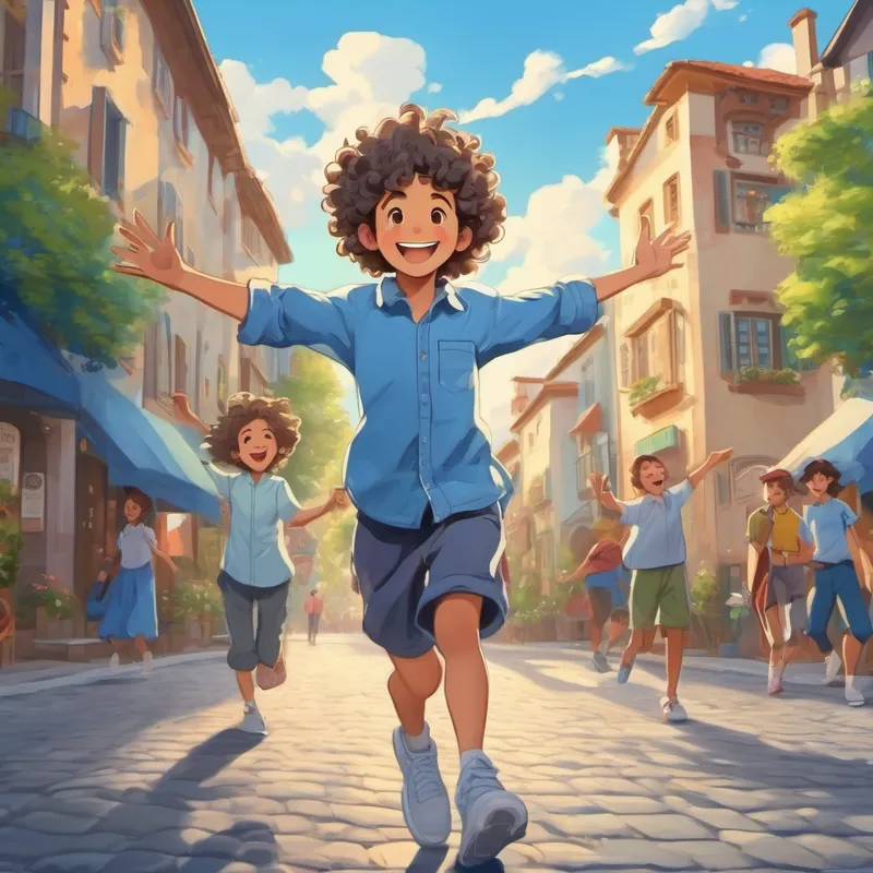 The town welcoming Curly hair, blue shirt, energetic smile, always wearing sneakers with open arms and smiles