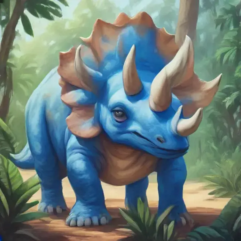 Morning in Jurassic Park, Young Triceratops with blue skin, friendly eyes the Triceratops waking up.