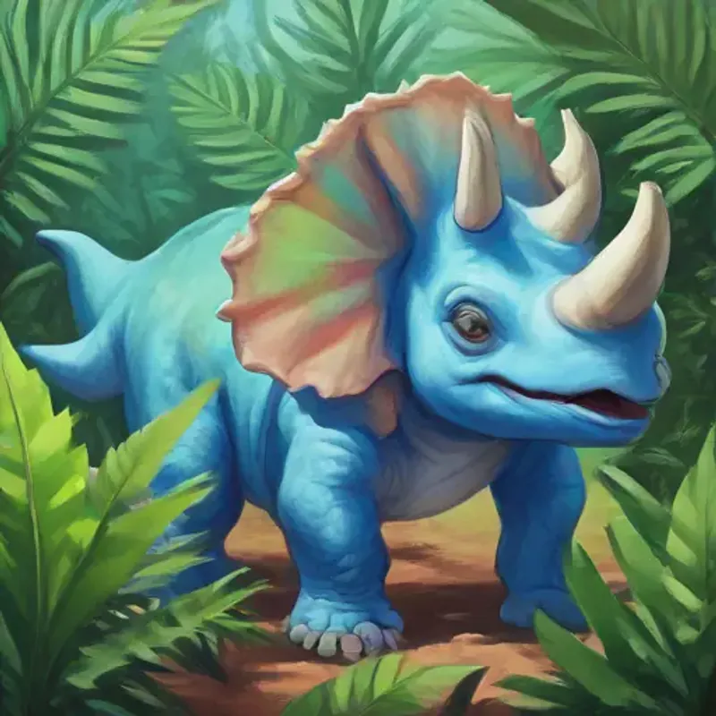 Young Triceratops with blue skin, friendly eyes eating ferns, her favorite food.