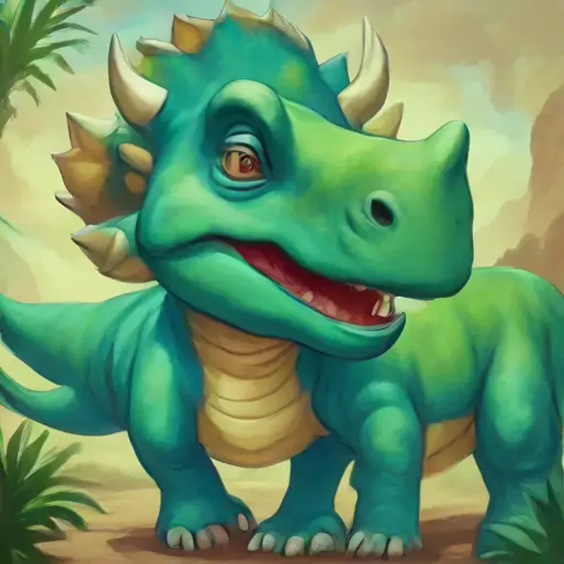 Young Triceratops with blue skin, friendly eyes hears Large T-Rex with green skin, kind expression's roar, he's a friendly T-Large T-Rex with green skin, kind expression.