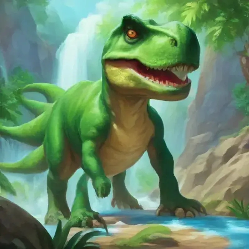 Large T-Rex with green skin, kind expression greets Young Triceratops with blue skin, friendly eyes, mentions playing by the waterfall.