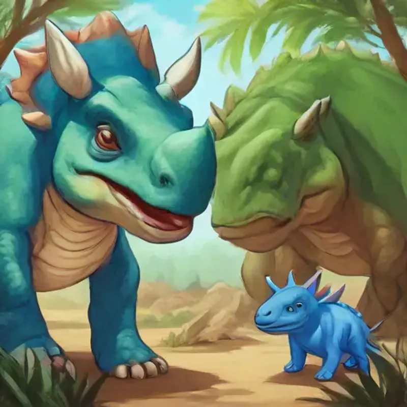 Young Triceratops with blue skin, friendly eyes invites Gentle Stegosaurus, brown skin, curious eyes to join her and Large T-Rex with green skin, kind expression.