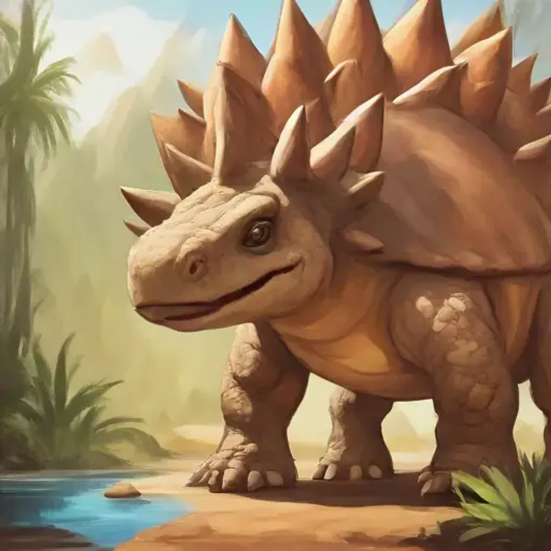 Gentle Stegosaurus, brown skin, curious eyes agrees to join the adventure.