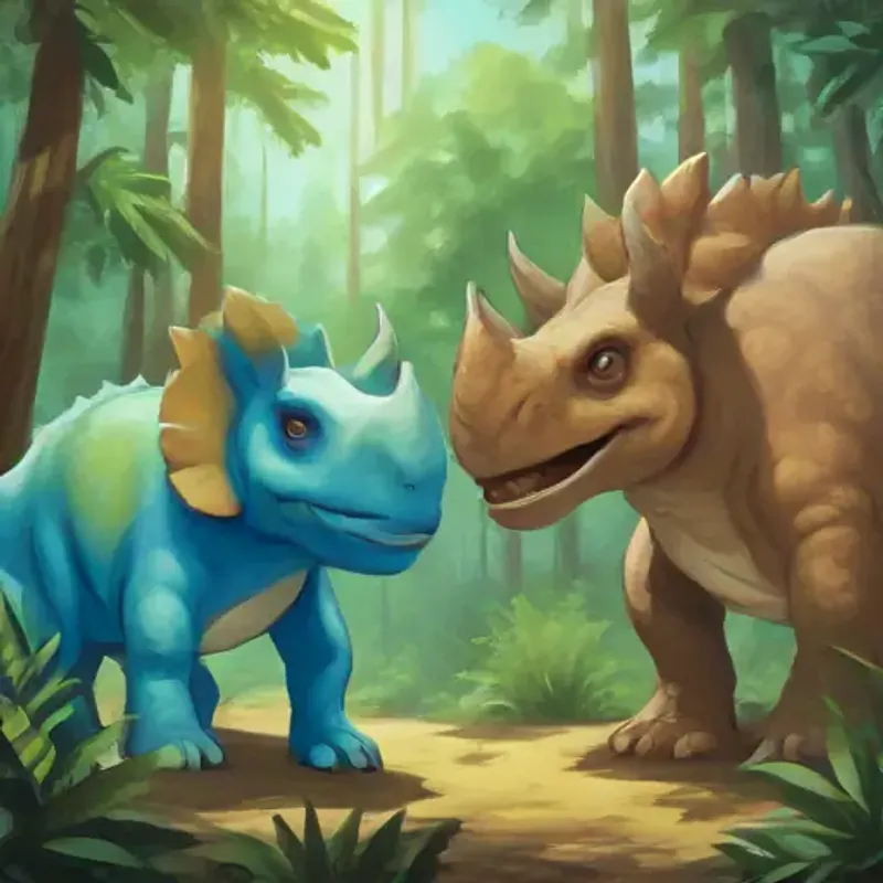 Young Triceratops with blue skin, friendly eyes, Large T-Rex with green skin, kind expression, and Gentle Stegosaurus, brown skin, curious eyes journeying through the forest.