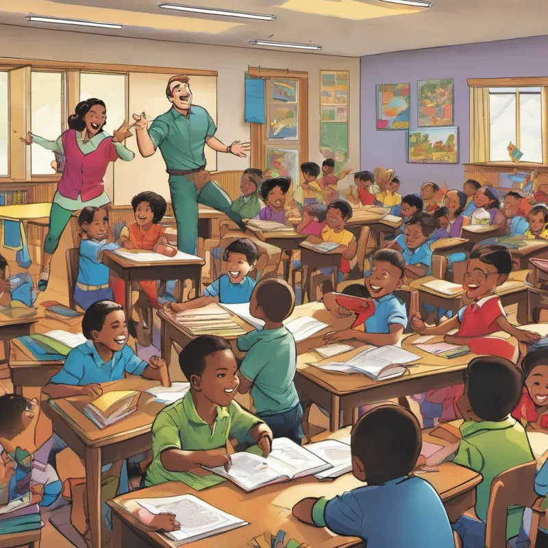 A lively classroom scene with John teaching children in a playful, joyful environment.