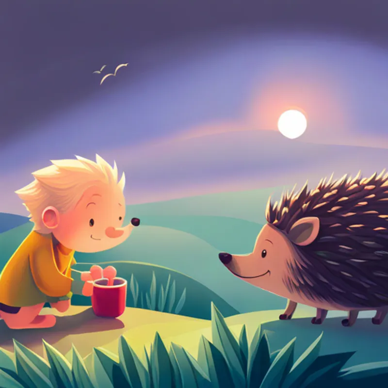 A cute and spiky hedgehog with brown fur. and A friendly boy with curly blond hair. wave at each other happily