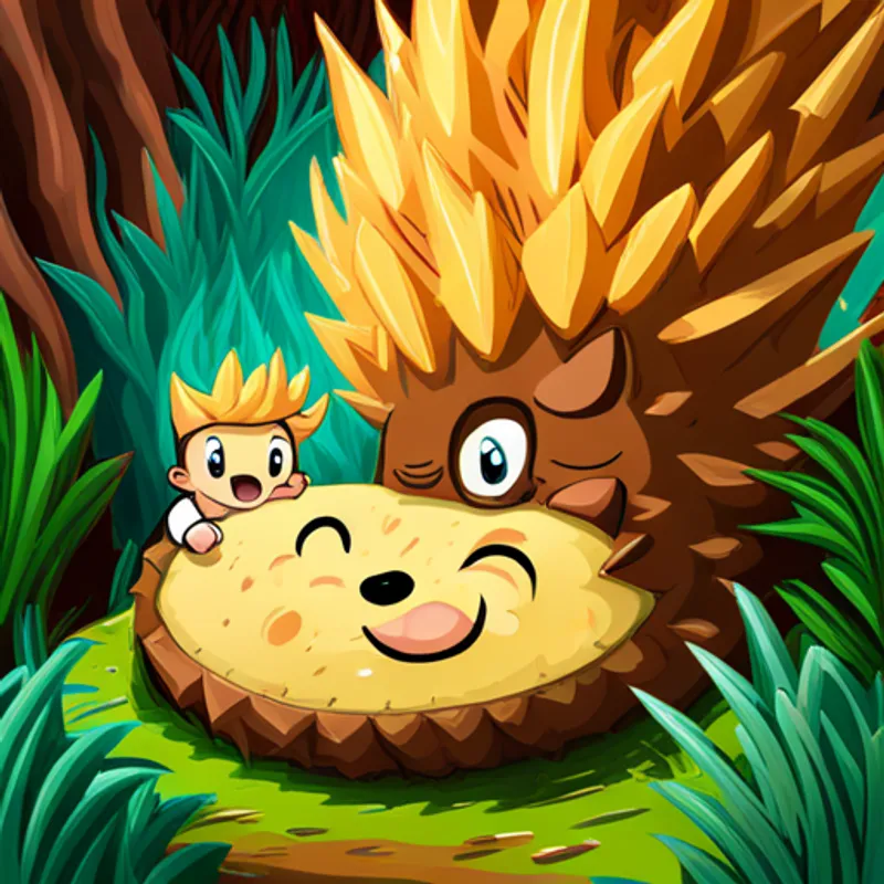 A cute and spiky hedgehog with brown fur. and A friendly boy with curly blond hair. hold hands and jump into a time portal