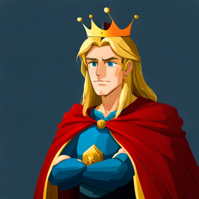 A noble king with long blonde hair and a red cape. stands tall and wears a golden crown