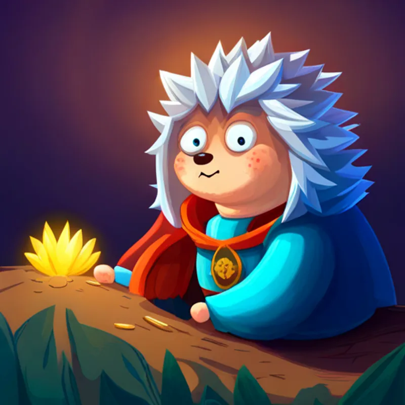 A cute and spiky hedgehog with brown fur. listens with wide eyes as A noble king with long blonde hair and a red cape. speaks