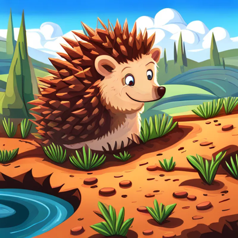 Factories and steam engines surround A cute and spiky hedgehog with brown fur. and A friendly boy with curly blond hair.