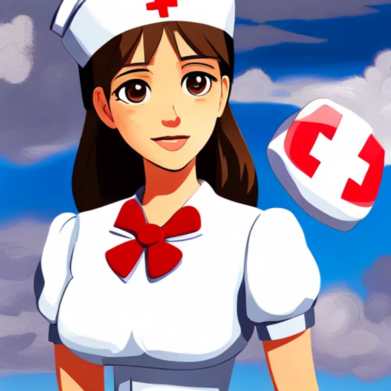 Violetta wears a white nurse uniform with a red cross