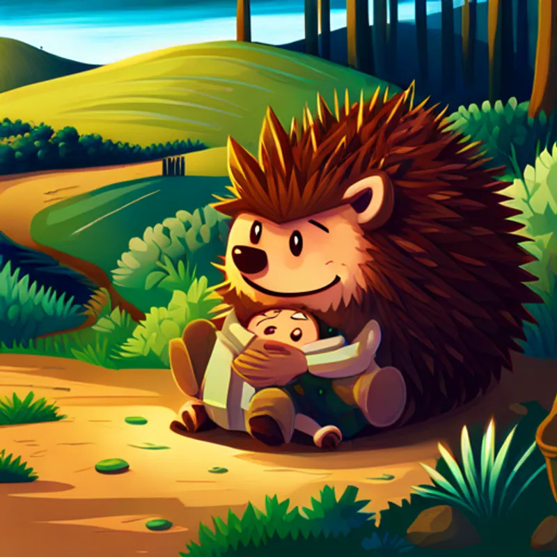 A cute and spiky hedgehog with brown fur. smiles as Violetta comforts wounded soldiers