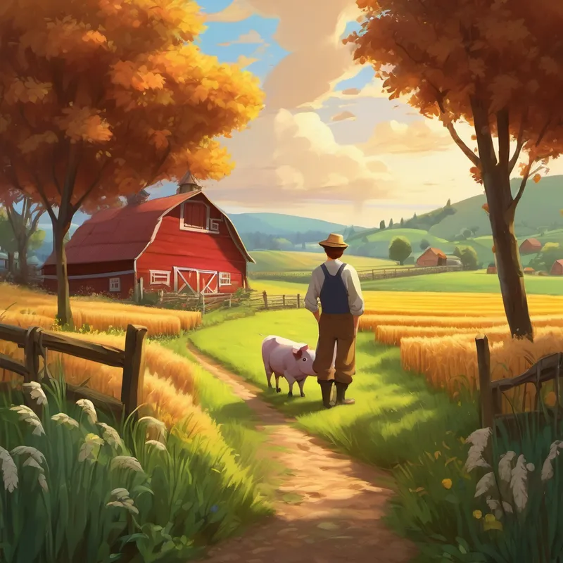 Once upon a time, in a peaceful countryside, there lived a kind-hearted farmer named Josh. Josh loved his farm and all the animals that lived there. Every day, he would wake up early and tend to his crops, while also taking care of his animals. Josh had a small farmhouse surrounded by vast fields filled with golden wheat. He had a little red barn where all his animals lived happily. There were cows, chickens, ducks, goats, and even a mischievous little pig named Wilbur.