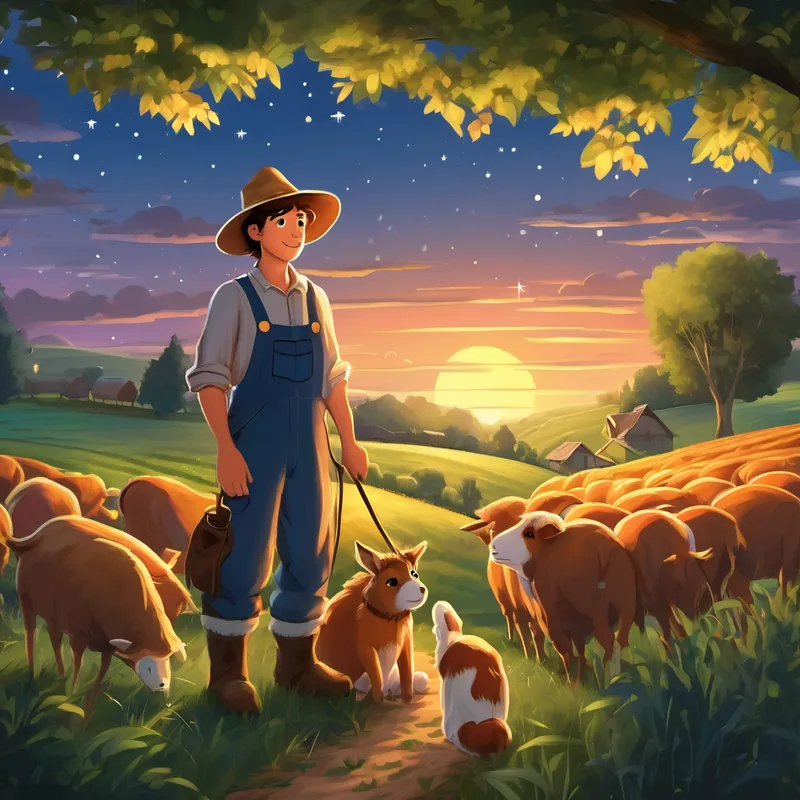 Josh loved spending time with his animals and listening to their stories. Each night after a hard day's work, he would gather them all around and share tales about adventures, friendship, and life on the farm. One night, as the sky was scattered with twinkling stars, Josh noticed that the farm's scarecrow, Sam, looked sad. The scarecrow was always there, standing tall and protecting the crops, but tonight, he seemed different.
