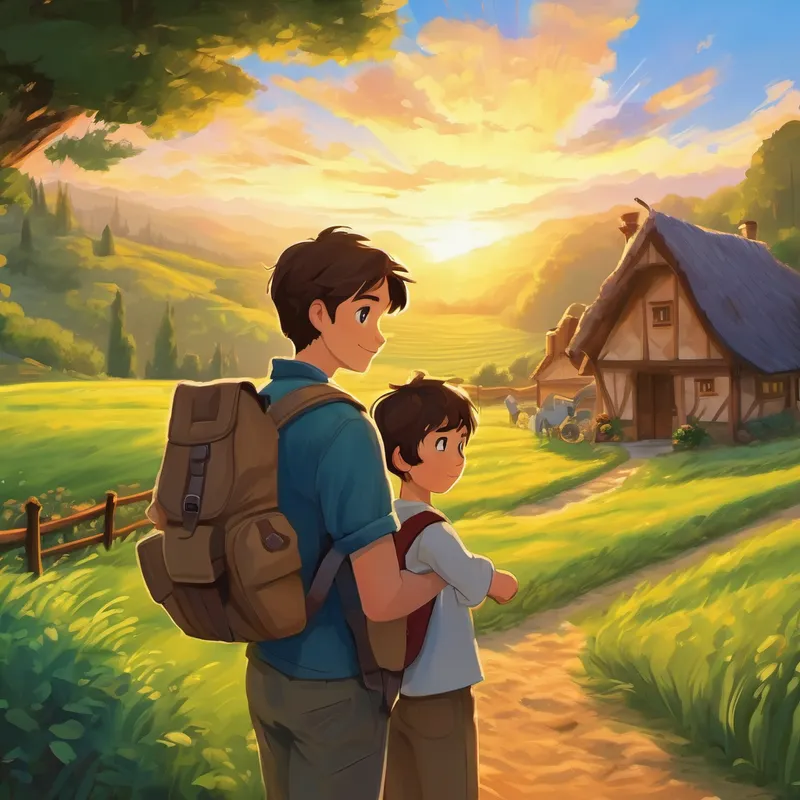 Understanding Sam's yearning for adventures, Josh smiled and said, "Sam, my friend, I know exactly what you need. Tomorrow, I will take you on an extraordinary journey that you'll never forget!" The next morning, as the sun rose in the sky, Josh packed a small bag of food and a map. He gently tied Sam's arms around his shoulders, making him look like a traveler ready for an adventure. Together, they set off beyond the farm's boundaries.