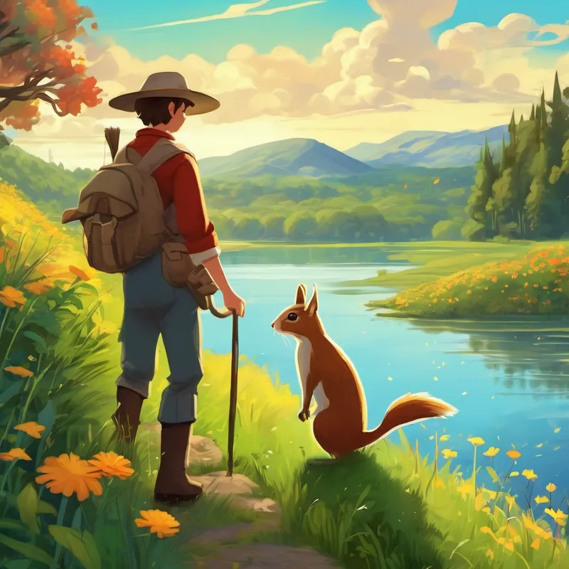 They walked through meadows filled with colorful flowers and crossed babbling brooks. Josh showed Sam breathtaking views of lush green forests and sparkling lakes. They even stumbled upon a friendly squirrel who joined them on their journey. As they continued their adventure, they met new animals and heard amazing stories from creatures they had never seen before. Everyone was fascinated by the brave scarecrow and his loyal human friend.