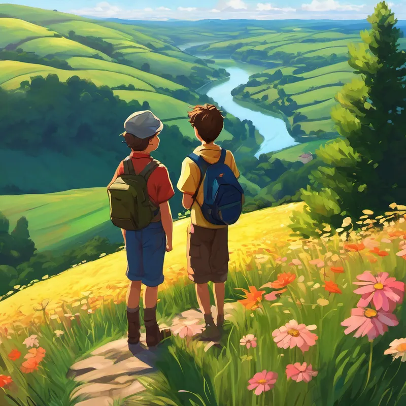 Towards the end of the day, Josh and Sam found themselves atop a hill, overlooking a gorgeous valley. The valley was filled with vibrant flowers and shining rivers. It was a sight that took their breath away. Sam, overwhelmed with emotion, said to Josh, "Thank you, my dear friend, for showing me the wonders beyond our farm. I will cherish these memories forever."
