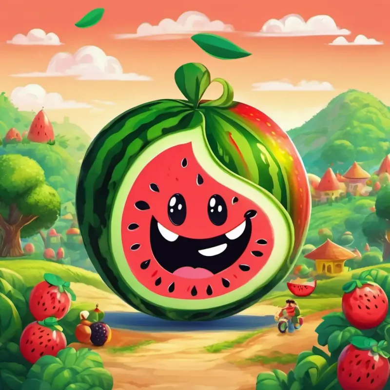 The story begins in a vibrant fruit kingdom, with A happy rice-shaped character with round eyes and a friendly smile and A cheerful watermelon with green skin and a big red smile as the main characters. The kingdom is filled with colorful fruits and a joyful atmosphere.