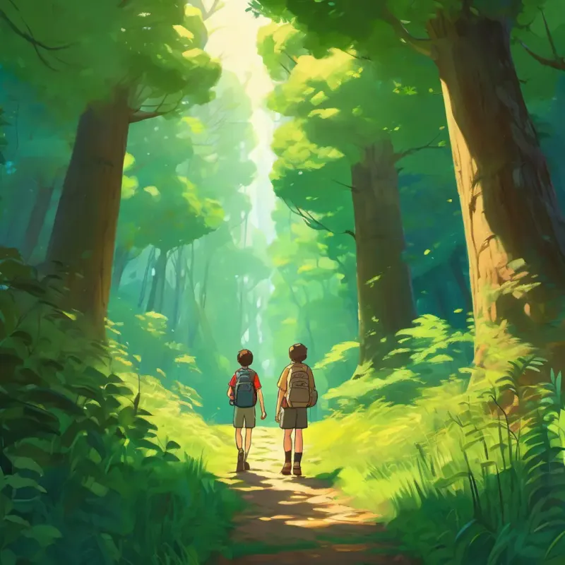 The two friends are seen on a sunny day, embarking on an adventure. They are standing at the entrance of a mysterious forest, with towering trees and lush greenery surrounding them.