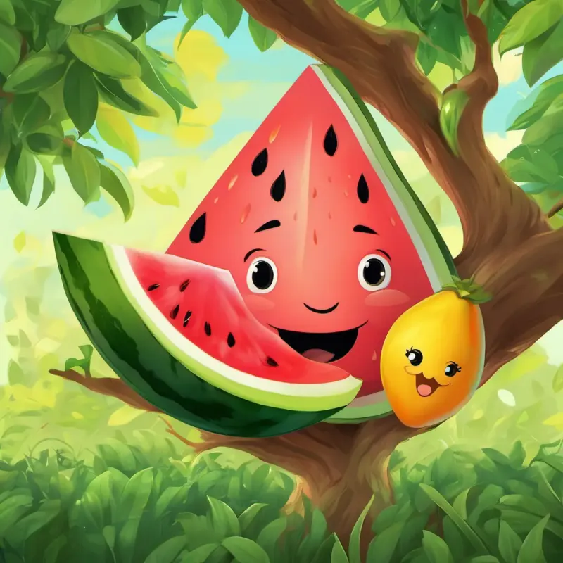 A happy rice-shaped character with round eyes and a friendly smile and A cheerful watermelon with green skin and a big red smile encounter a playful A mischievous mango with bright yellow skin and a playful expression with a mischievous grin. The A mischievous mango with bright yellow skin and a playful expression is hiding behind a big tree, peeking out while playing a game of hide-and-seek.
