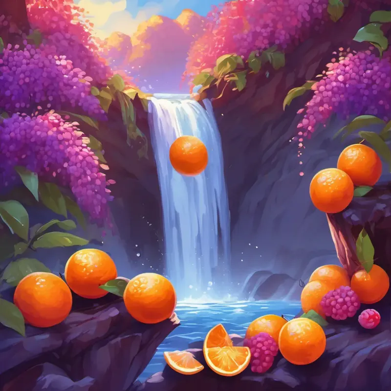 The friends stumbled upon a breathtaking waterfall made of juicy Juicy oranges flowing down like a waterfall, with bright orange skin. Nearby, a bunch of A bunch of grapes, dancing happily in different shades of purple can be seen joyfully dancing, while a vibrant river flows with sweet and tangy A river made of sweet and tangy raspberries, vibrant red in color.