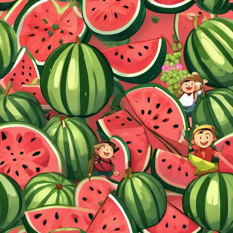 A happy rice-shaped character with round eyes and a friendly smile and A cheerful watermelon with green skin and a big red smile are depicted with their hands full of baskets overflowing with a variety of fruits. They have happy smiles on their faces as they make their way back home, holding hands and cherishing the memories of their adventure.
