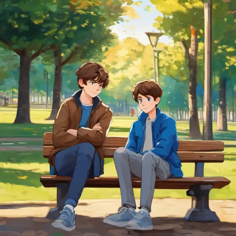 A picture of A 17-year-old boy with brown hair and blue eyes, a 17-year-old boy with brown hair and blue eyes, sitting on a park bench.