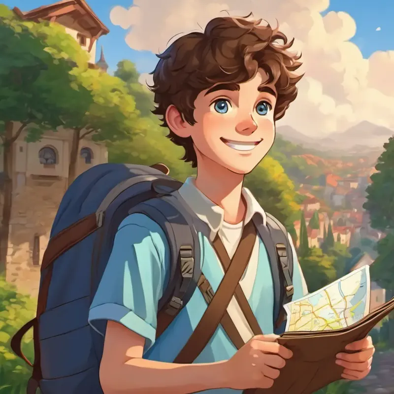 A picture of A 17-year-old boy with brown hair and blue eyes smiling and holding a map, with a backpack on his shoulder.