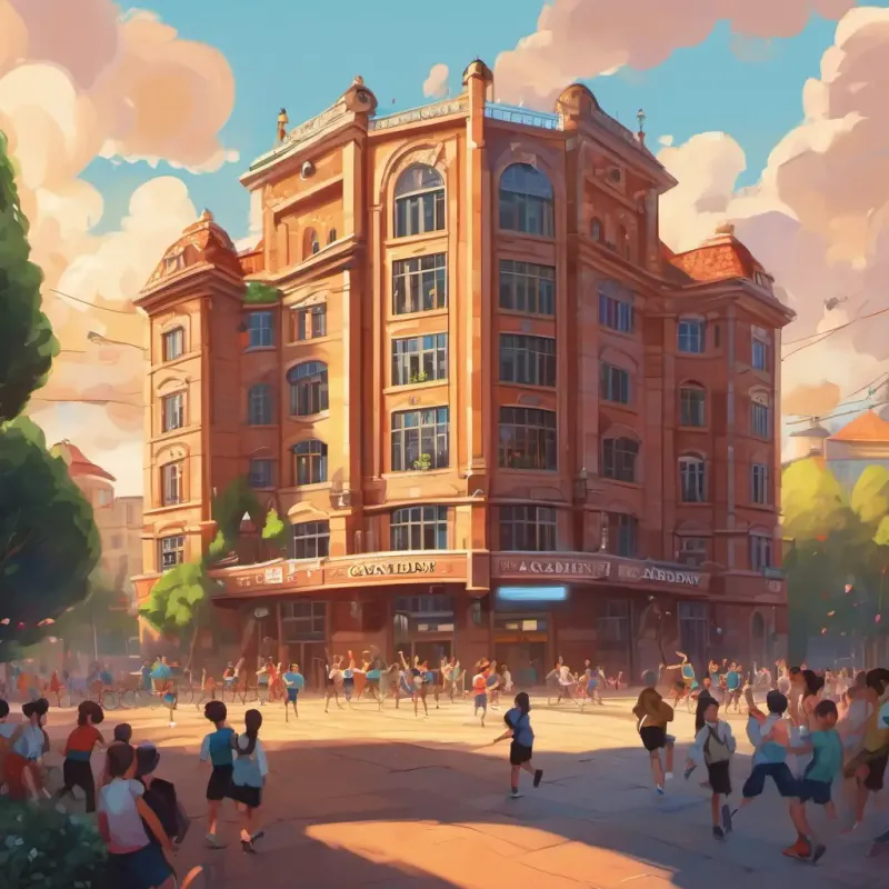 A picture of a big building with a sign that says 'Gymnastics Academy' and people doing flips and jumps inside.