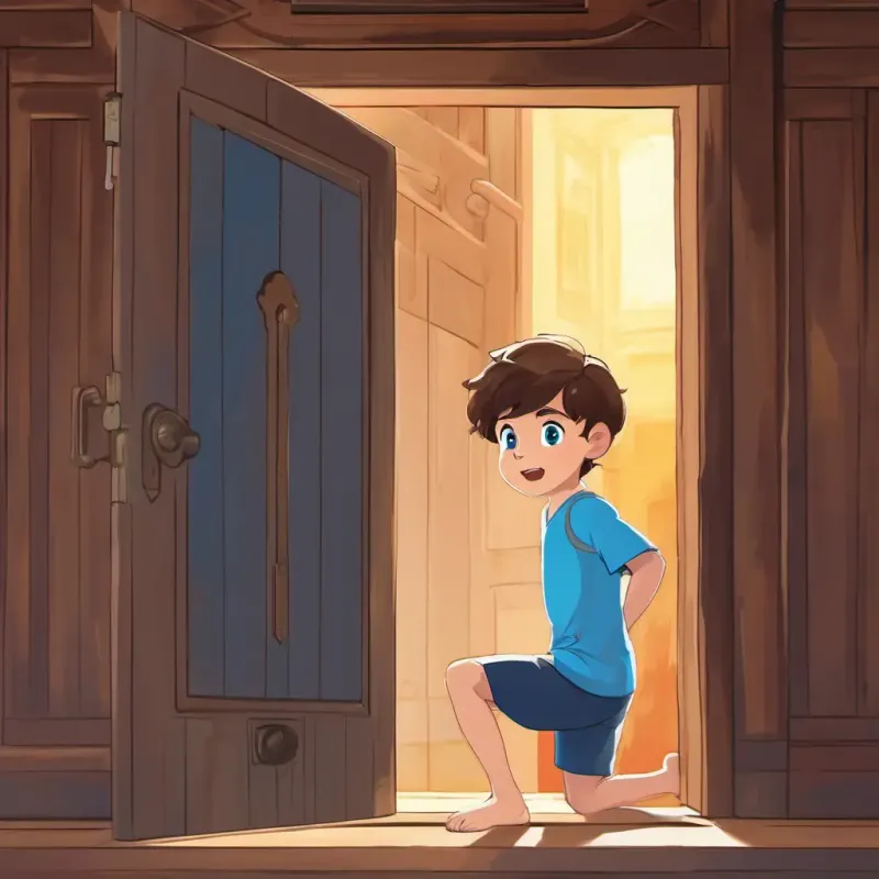 A picture of A 17-year-old boy with brown hair and blue eyes peeking through the entrance door, looking amazed at the gymnasts practicing.