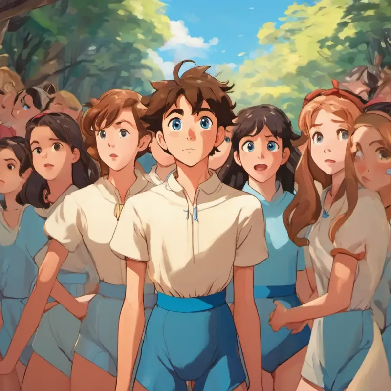A picture of A 17-year-old boy with brown hair and blue eyes surrounded by girls in leotards, all looking surprised.