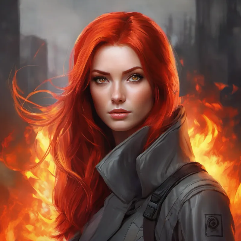 Fiery red hair, gray eyes, red hair, gray eyes.