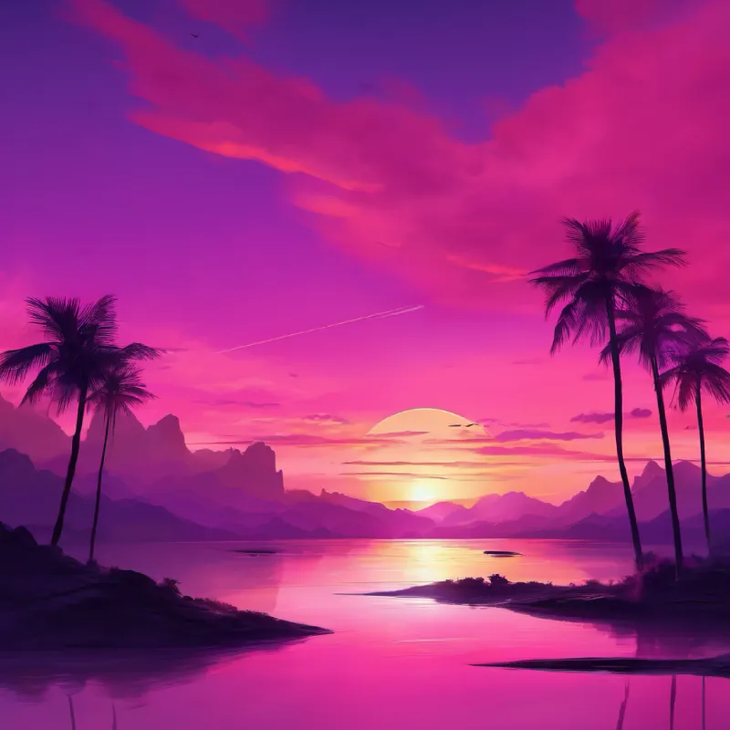 Sunset sky, shades of pink and purple, content.