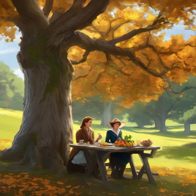 Anne and Diana, lunchtime, oak tree.